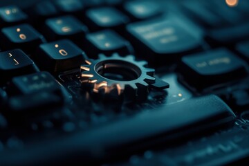 Leinwandbilder - A close-up view displays a keyboard with a gear and mouse overlay, illustrating the merging of technology and creativity in digital workspace setups. Generative AI
