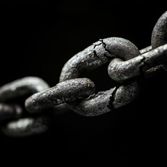 Poster - A broken link symbolizes a weakness in data security during digital transfers.  Hackers can exploit this vulnerability.  This illustrates blockchain and cryptocurrency security concerns.