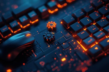 Leinwandbilder - A keyboard displaying bright orange highlights features a mouse and gear overlay, illustrating an active digital workspace at night. Generative AI