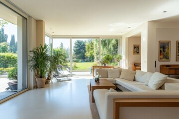 Aufkleber - This spacious living room features contemporary decor, ample natural light, and a serene view of the lush garden, ideal for unwinding. Generative AI