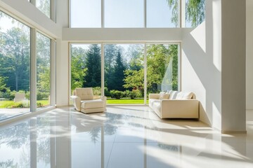Aufkleber - This modern living room features spacious windows that let in abundant natural light, creating a peaceful atmosphere with greenery outside. Generative AI