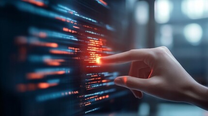 A hand is pointing at a computer screen with a red dot on it