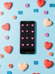 Poster - A smartphone shows notifications among vibrant heart-shaped candies and colorful icons, creating a lively vibe. Generative AI