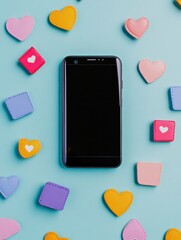 Aufkleber - A smartphone sits at the center, with various vibrant heart-shaped icons symbolizing likes, comments, and notifications around it. Generative AI