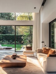 Wall Mural - This modern living room features a spacious layout with large windows that bring in natural light and offer views of a lush garden. Generative AI