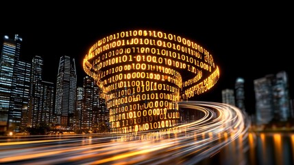 Cityscape with Binary Code and Light Trails at Night
