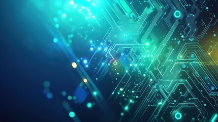 Abstract digital circuit design with glowing elements in blue and green tones.