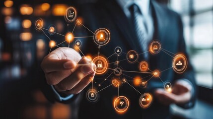 businessman touching structure of business technology on data network to adapt implement new policie