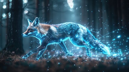 a red fox walks through a forest, its body glowing with blue light and surrounded by particles.