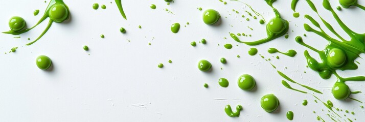 Aufkleber - Scattered peas and drops of vivid green juice form a striking composition on a clean white backdrop, evoking freshness and creativity. Generative AI