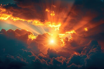 Wall Mural - sun rays through dark clouds at sunset symbolize hope and grace.
