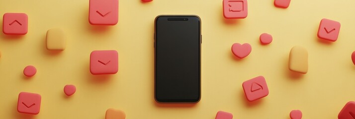 Fototapete - A smartphone sits on a bright yellow surface, surrounded by various colorful icons indicating notifications, likes, and comments. Generative AI