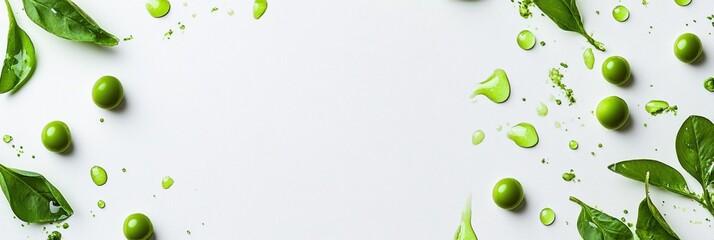 Poster - A vibrant arrangement features green peas and droplets of juice against a white backdrop, showcasing a fresh, healthy theme. Generative AI