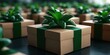 © N0X - Eco-friendly e-commerce concept. A collection of wrapped gift boxes with green ribbons and succulent plants on top, creating a visually appealing and festive arrangement.