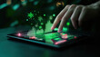 © N0X - Eco-friendly e-commerce concept. A hand interacts with a digital tablet displaying vibrant green graphs and data visualizations against a blurred, illuminated background.