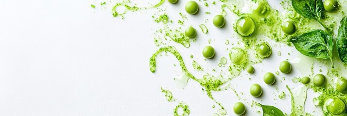 Poster - Bright green peas and drops of juice are spread across a white surface, highlighting the freshness and vibrant colors of vegetables. Generative AI