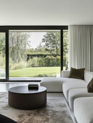 Aufkleber - A spacious living room features a cozy sofa and large windows that offer a beautiful view of the vibrant garden outside. Generative AI