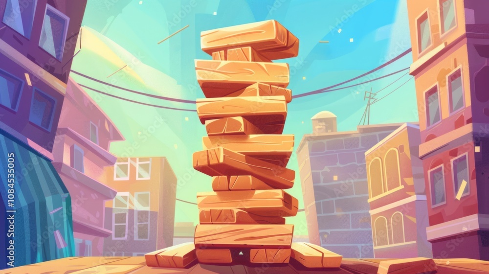 Stack of uneven wooden blocks in a colorful urban setting. Digital ...