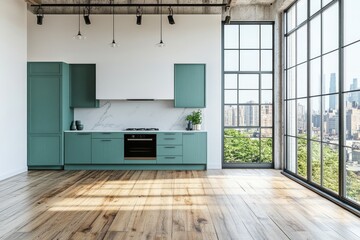 Wall Mural - Modern kitchen design featuring green cabinets and large windows in a city skyline