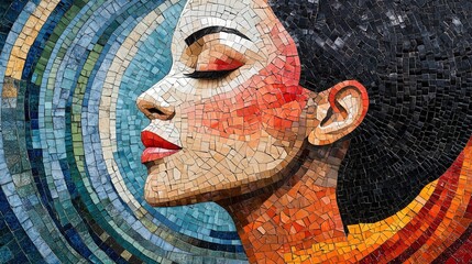 Mosaic portrait of a asian woman in profile created with vibrant geometric tiles