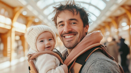 Wall Mural - Father smiling and carrying his baby in a carrier in a mall