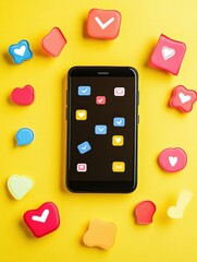 Aufkleber - A smartphone shows various notifications, likes, and comments while colorful icon shapes surround it against a bright yellow background. Generative AI