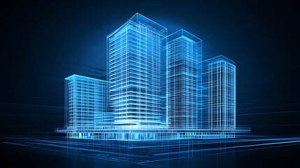 Aufkleber - A blue hologram of modern highrise building on dark background with glowing lines and white buildings construction engineering concept, real estate business or digital