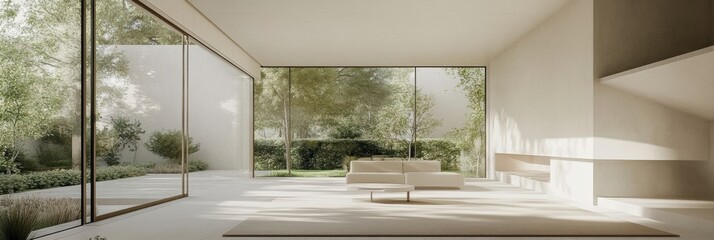 Leinwandbilder - A spacious living room filled with natural light, featuring large windows that provide a view of lush greenery outside in a peaceful atmosphere. Generative AI