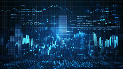 Aufkleber - A digital background featuring stock market charts and graphs with a blue color theme, symbolizing global financial data or the exchange of assets
