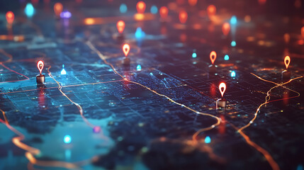 Poster - A digital map with pins and markers representing different locations, illustrating the concept of location tracking in online applications or travel planning
