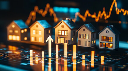 Aufkleber - A graph showing the growth of real estate values, with an arrow pointing upwards and houses on bar charts in front