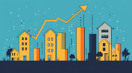Poster - A graph showing the growth of real estate values, with an arrow pointing upwards and houses on bar charts in front
