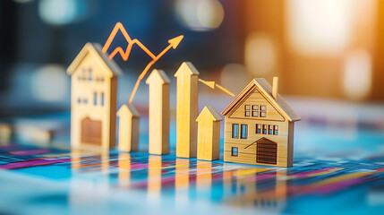 Poster - A graph showing an upward trend in real estate value, with houses and arrows symbolizing growth on the bar chart