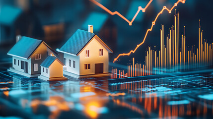 Poster - A graph showing the growth of real estate values, with an arrow pointing upwards and houses on bar charts in front