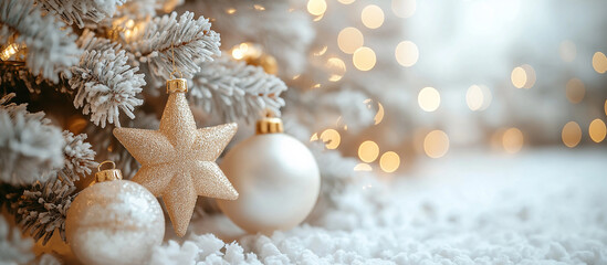 Wall Mural - christmas white decoration and spruce tree close up, bokeh lights background. merry christmas and ha