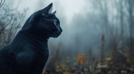 Wall Mural - A gray tabby cat observing its surroundings in a foggy meadow at dusk