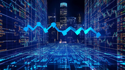 Aufkleber - A stock market graph with blue arrows pointing upwards, symbolizing an up trending stock and global financial growth on a digital background