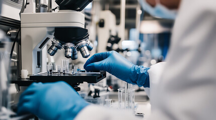 Aufkleber - A closeup of hands in blue gloves operating a scientific instrument, like a microscope or test tube, set against the backdrop of laboratory equipment and a white coat