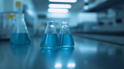 Aufkleber - A closeup of glass beakers filled with clear blue liquid, set on an open laboratory table in front of scientific equipment and white walls