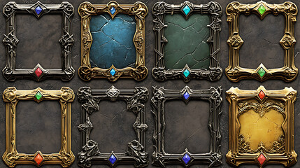 Poster - A comprehensive set of square UI game frames, distinguished by their textured medieval borders made of gold, silver, or steel metal embellished with gems
