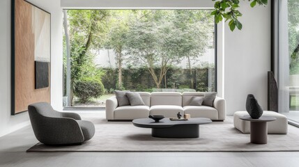 Leinwandbilder - The spacious living room showcases contemporary furniture, natural light streaming in through large windows, and a peaceful garden view. Generative AI