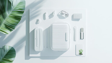 Poster - A flat lay of a white suitcase and traveler's accessories against a bright white background presents a minimalist travel concept in 3D rendering