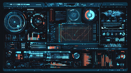 Poster - A technological frame or interface, envisioned as a virtual grid, displays a variety of user interface holograms, including callouts, titles, HUD elements, and futuristic callout bar labels
