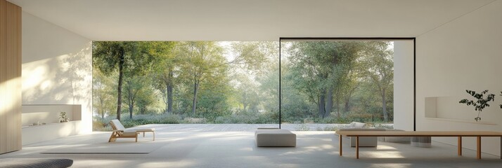 Poster - This bright living room features spacious design and large windows that provide a beautiful view of the lush greenery outside. Generative AI