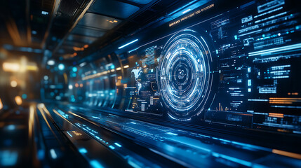 Leinwandbilder - An abstract background illuminated by blue light, set within a futuristic lab, showcases a 3D circle and HUD elements interface, creating an ideal holographic space for product presentation