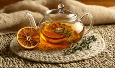 Poster - A tea pot with a lid and a bunch of orange slices