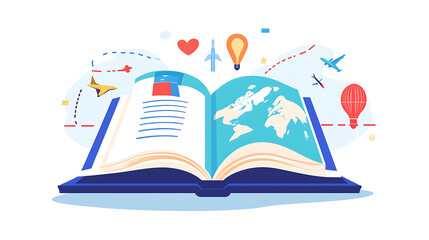 Poster - An open book featuring landmarks illustrates the theme of global travel and road trips, with a modern flat design inviting viewers to explore the world