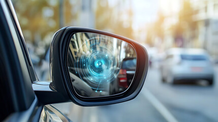 Leinwandbilder - A blind zone monitoring sensor on a car's side mirror is detailed, illustrating the technology for detecting objects in the vehicle's blind spots