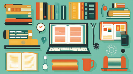 Aufkleber - Digital libraries and online bookstores are envisioned in a flat design, illustrating the shift towards e-reading and internet-based education