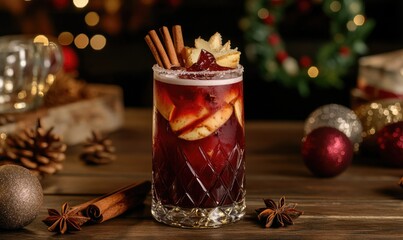 Canvas Print - A glass of red drink with cinnamon and apples on top